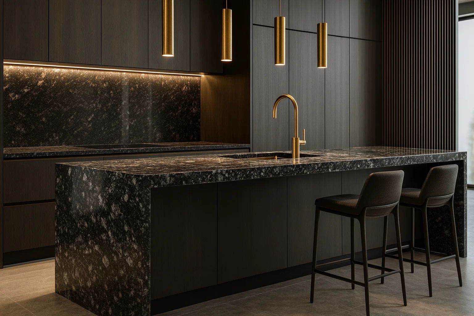 Dark stone surface in a kitchen setting