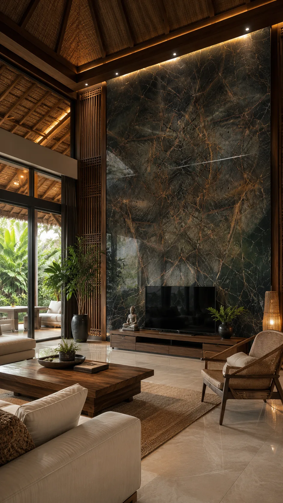 Forest Royal Brown feature wall in a Bali villa living space