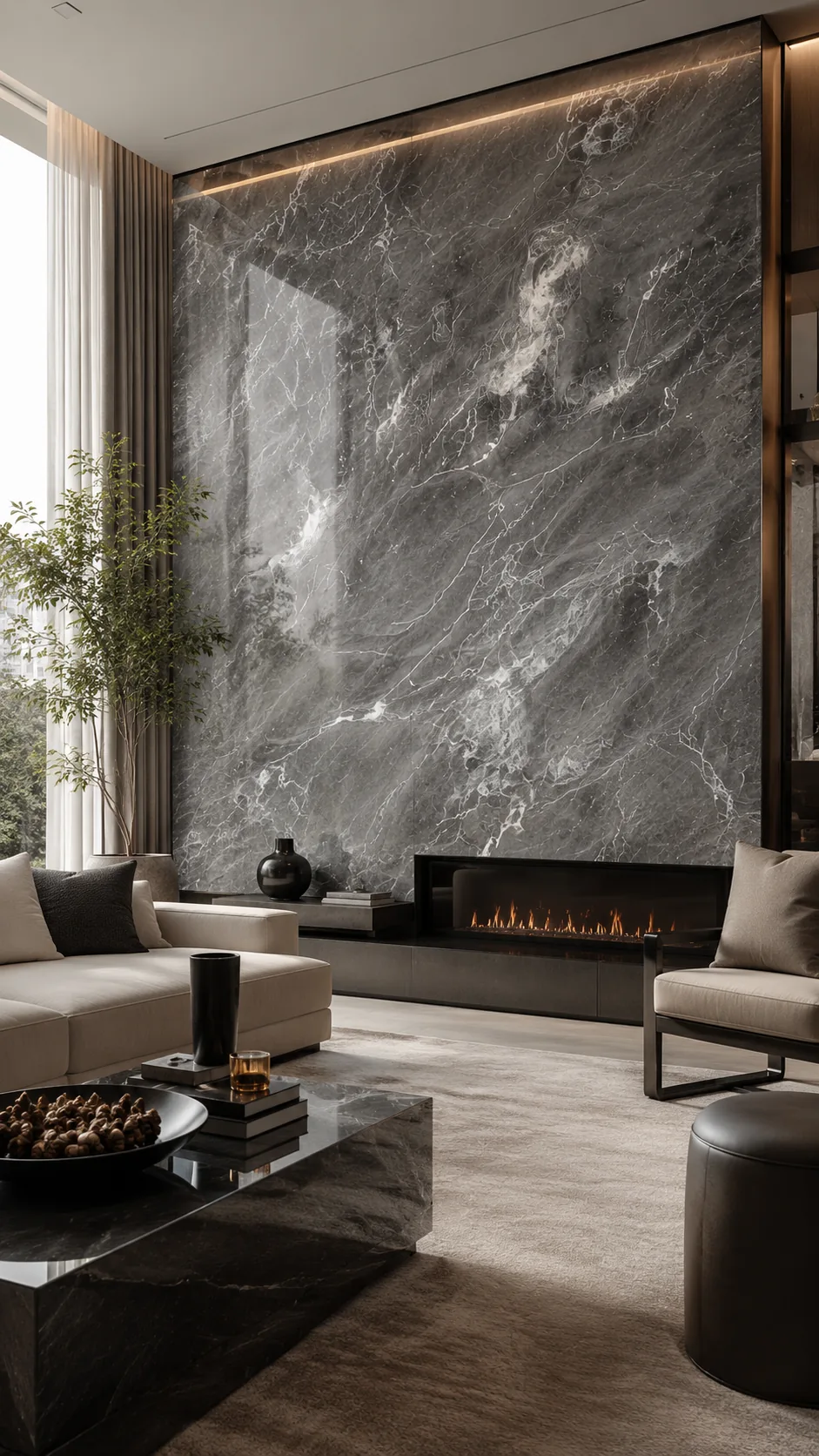 Monaco Grey stone wall with fireplace in a refined interior