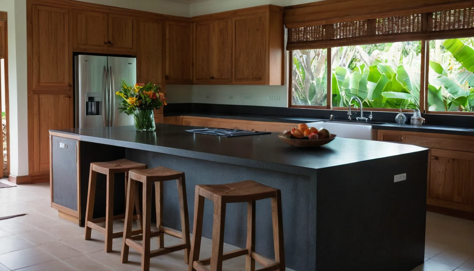 Dark granite kitchen island in a Bali villa with visible mineral grain