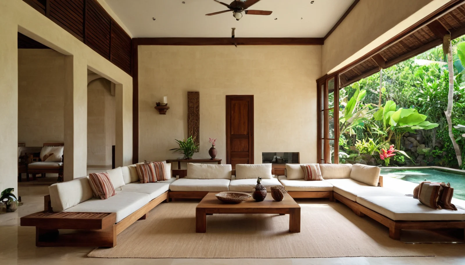 Cream natural stone wall in a Bali villa living room under warm daylight