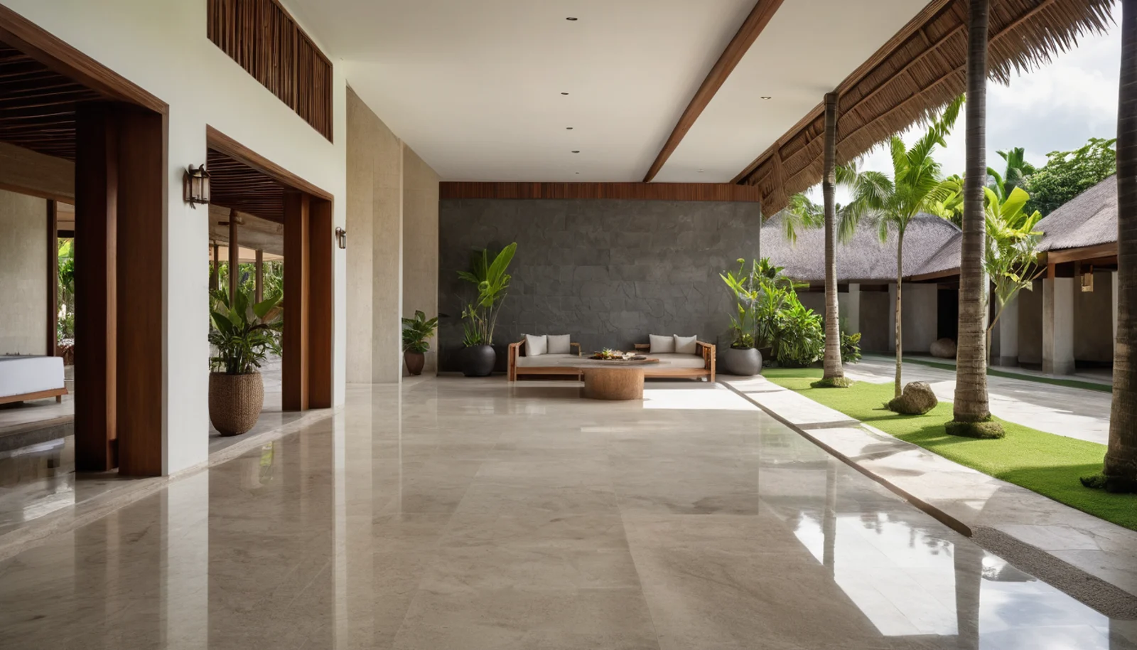 Pale marble floor and stone wall in a Bali resort arrival lobby